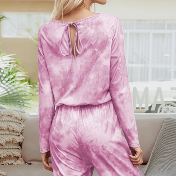 Pink and White Tie Dye Keyhole Tie Waist Jumpsuit - Picture 4 of 6